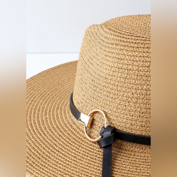 NEW Lulus Tan Beige Floppy Straw Hat with Black and Gold Detailing - Picture 3 of 4